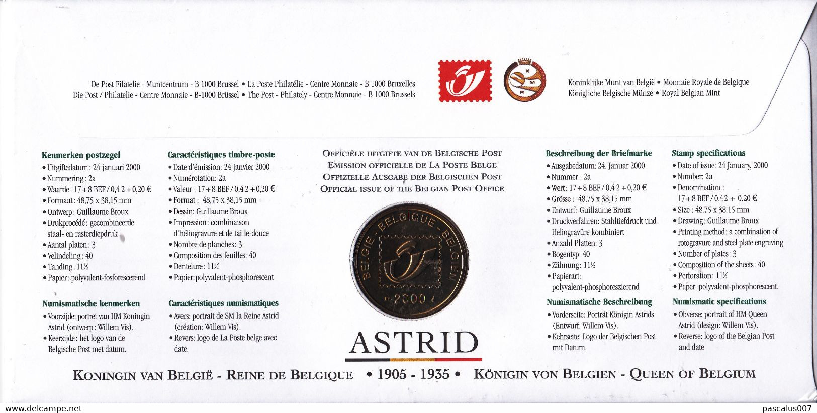 B01-372 2879 FDC Numisletter Dynastie Royal Couronne Reine Astrid Belge 22-01-2000 3520 Zonhoven - Numisletter