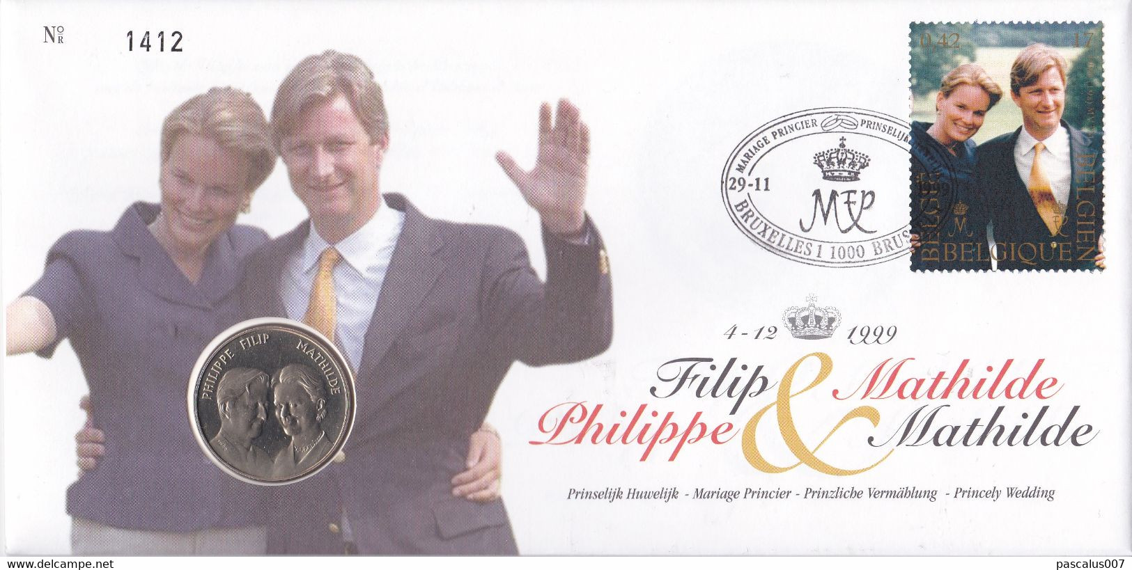 B01-372 2856 Enveloppe Numisletter Numiscover FDC Mariage Princier Philippe Mathilde 29-11-1999 Bruxelles1 1000 Brussel1 - Numisletter