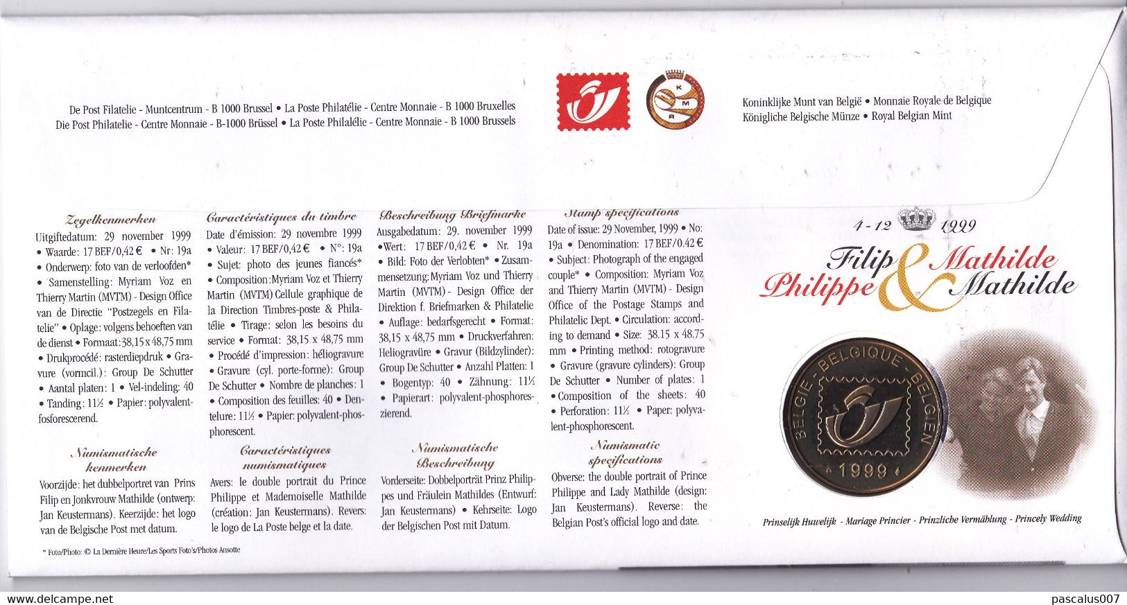 B01-372 2856 Enveloppe Numisletter Numiscover FDC Mariage Princier Philippe Mathilde 29-11-1999 Bruxelles1 1000 Brussel1 - Numisletter