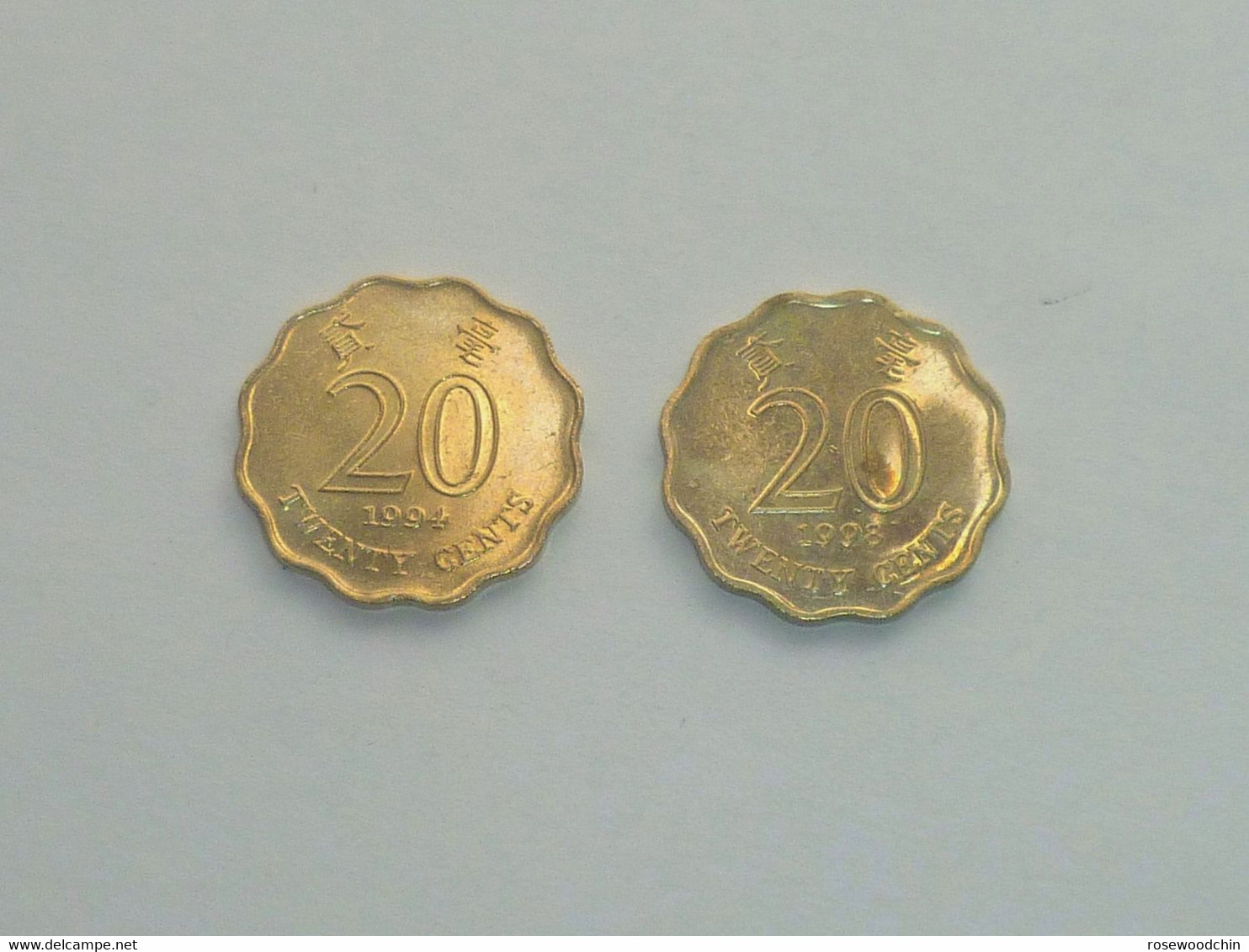 Vintage !  Hong Kong Lot Of 2 Pcs.1994 & 1998 Bauhinia Flower 20 Cents Coin (#145K) - Singapore