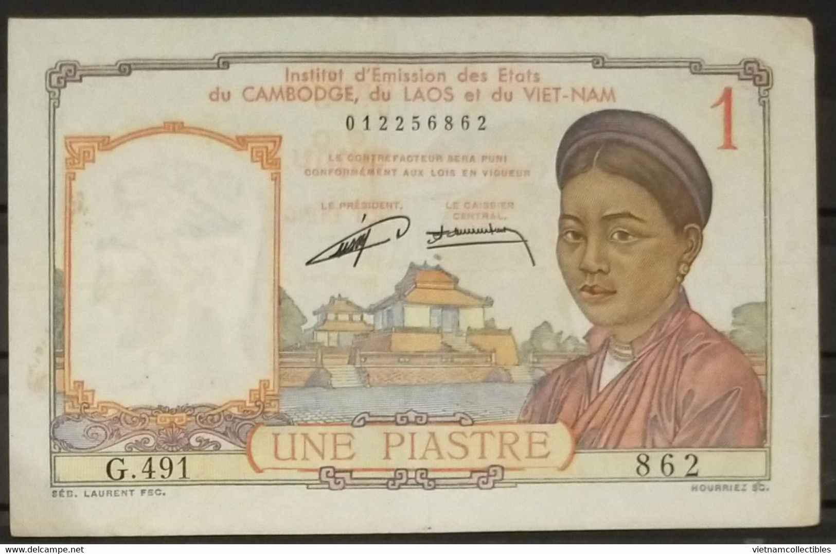 French Indochine Indochina Vietnam Viet Nam Laos Cambodia 1 Piastre VF Banknote Note 1953 - Pick # 92 / 2 Photos - Indochine