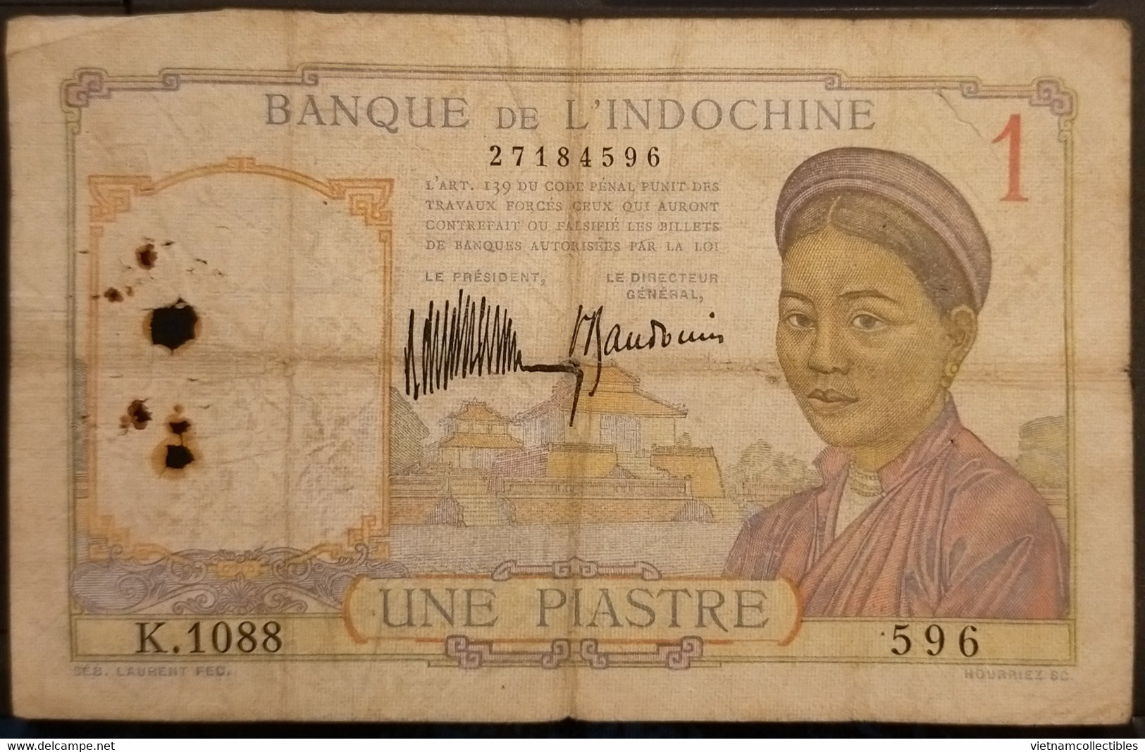 Indochina Indo China Indochine Vietnam Cambodia 1 Piastre VF Banknote Note / Billet 1932-49 / Pick # 54a Laos Text - Indochine