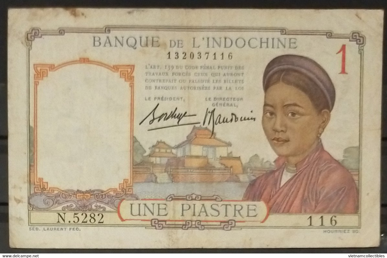 French Indochina Indo China Indochine Vietnam Cambodia 1 Piastre VF Banknote Note / Billet 1932-49 - Pick # 54b - Indochina