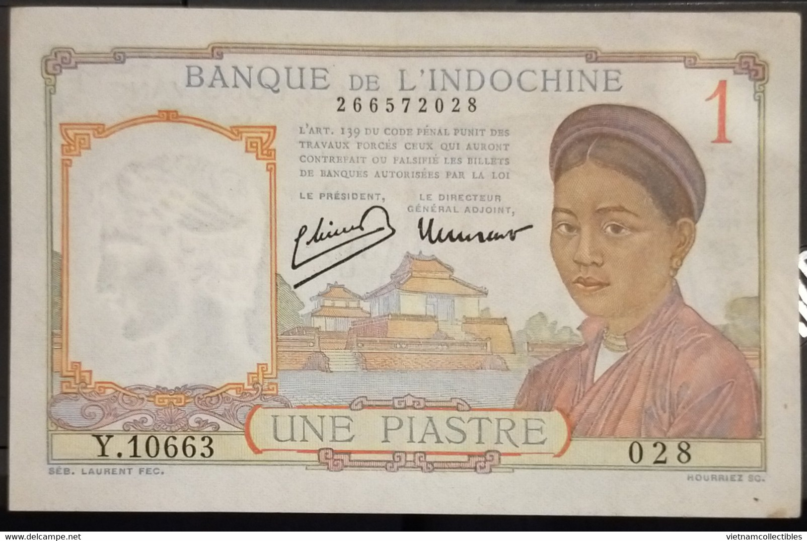 French Indochina Indo China Indochine Vietnam Cambodia 1 Piastre AU Banknote Note / Billet 1932-49 - Pick # 54e - Indochine