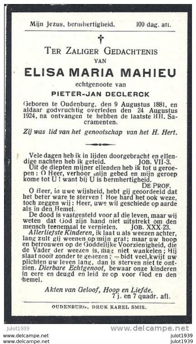 OUDENBURG ..-- Mw Elisa Maria MAHIEU , Echtgenoote Van Mr Pieter DECLERCK, Geboren 1881 , Overleden 1924 . - Oudenburg