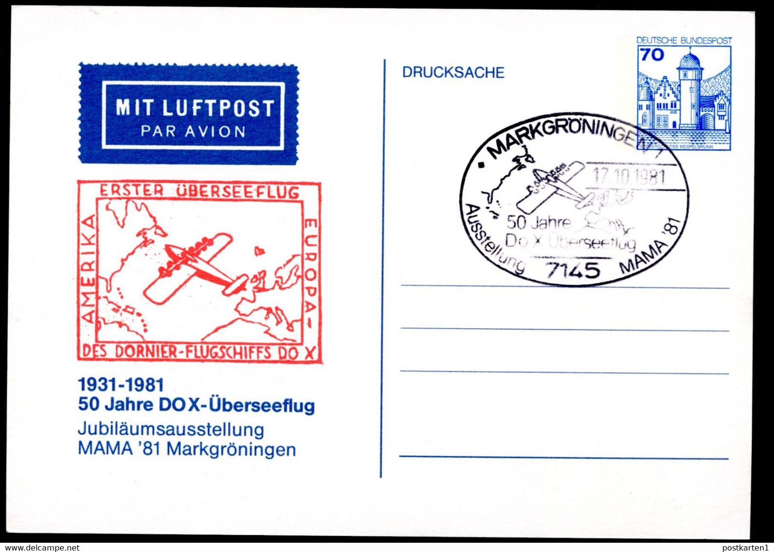 Bund PP107 C2/001 ERSTER ÜBERSEEFLUG FLUGBOOT DO X Sost. Marktgröningen 1981 - Private Postcards - Used