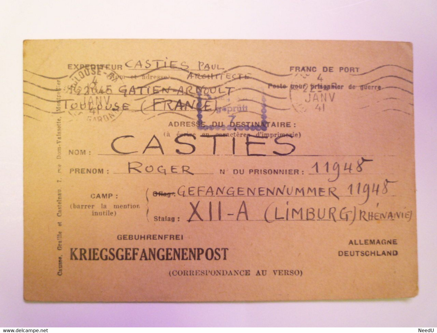 GP 2021 - 104  STALAG XII - A  (LIMBURG Rhénanie)  Kriegsgefangenenpost  1941  XXXX - 1939-45