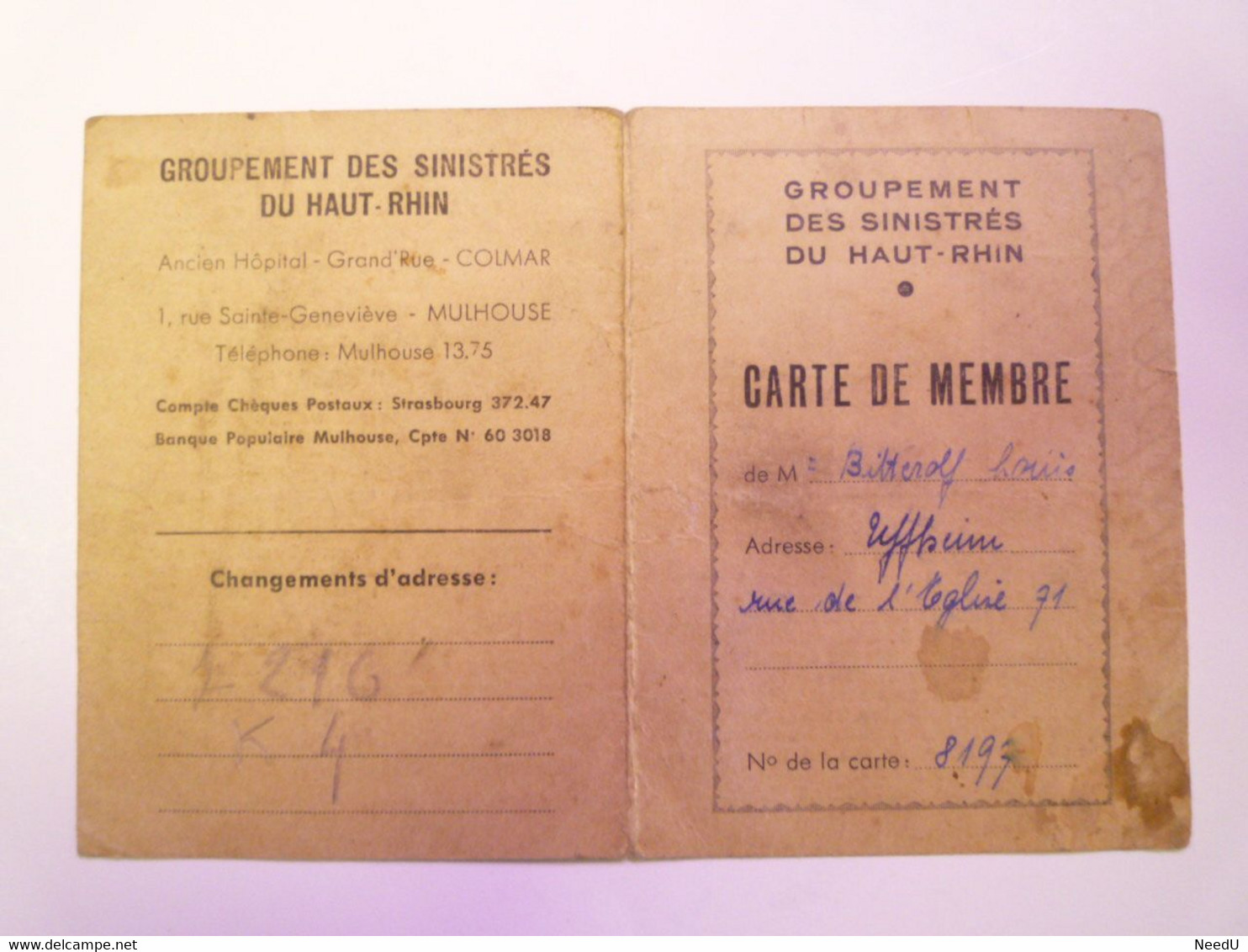 GP 2021 - 108  UFFHEIM  :  Groupement Des Sinistrés Du Haut-Rhin  -  CARTE De MEMBRE  1947  XXXX - Ohne Zuordnung