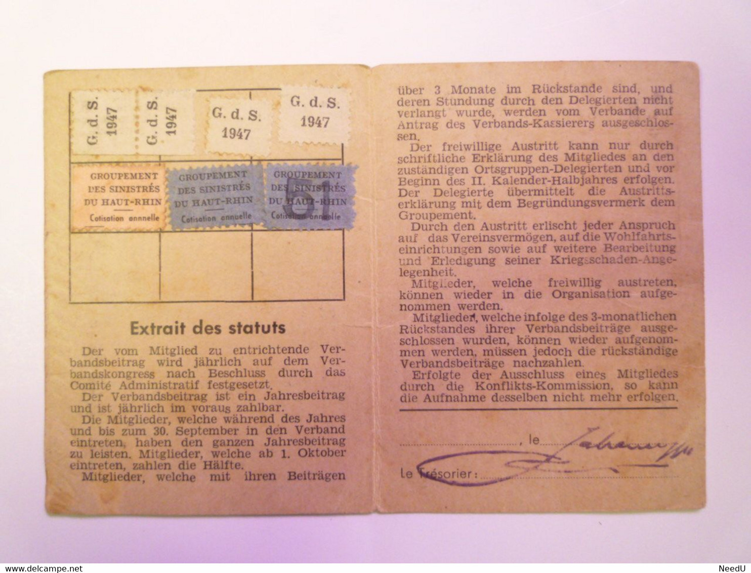 GP 2021 - 108  UFFHEIM  :  Groupement Des Sinistrés Du Haut-Rhin  -  CARTE De MEMBRE  1947  XXXX - Unclassified