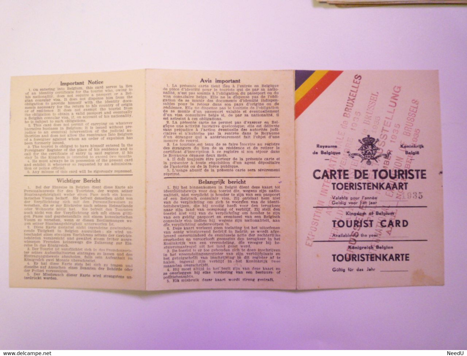 GP 2021 - 111  BELGIQUE  :  CARTE De TOURISTE  1935 Avec Timbre Fiscal   XXXX - Sin Clasificación