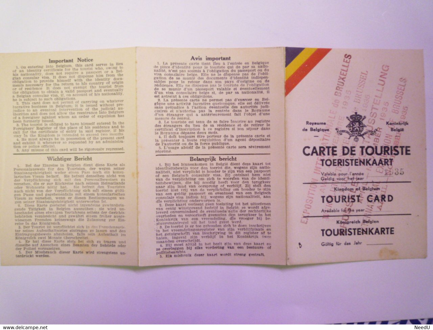 GP 2021 - 112  BELGIQUE  :  CARTE De TOURISTE  1935 Avec Timbre Fiscal   XXXX - Ohne Zuordnung
