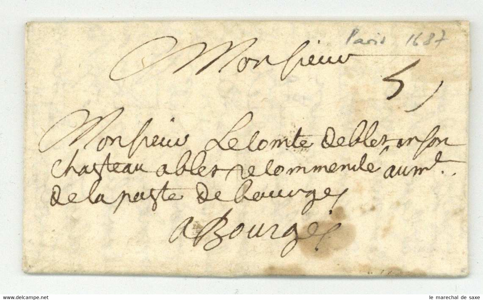 Lettre Taxee 5 Sols Paris Pour Bourges 1687 LAS Des Joncheres - ....-1700: Précurseurs