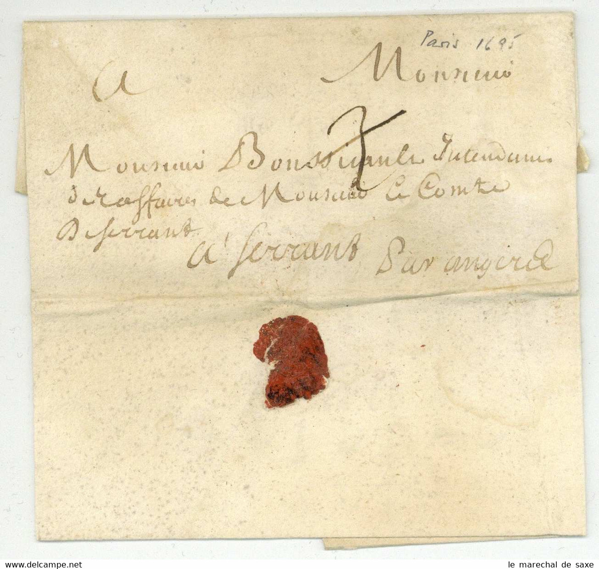 Lettre Taxee Paris 1695 Pour Le Chateau De Serrant Saint-Georges-sur-Loire Par Angers Boussicault - ....-1700: Précurseurs