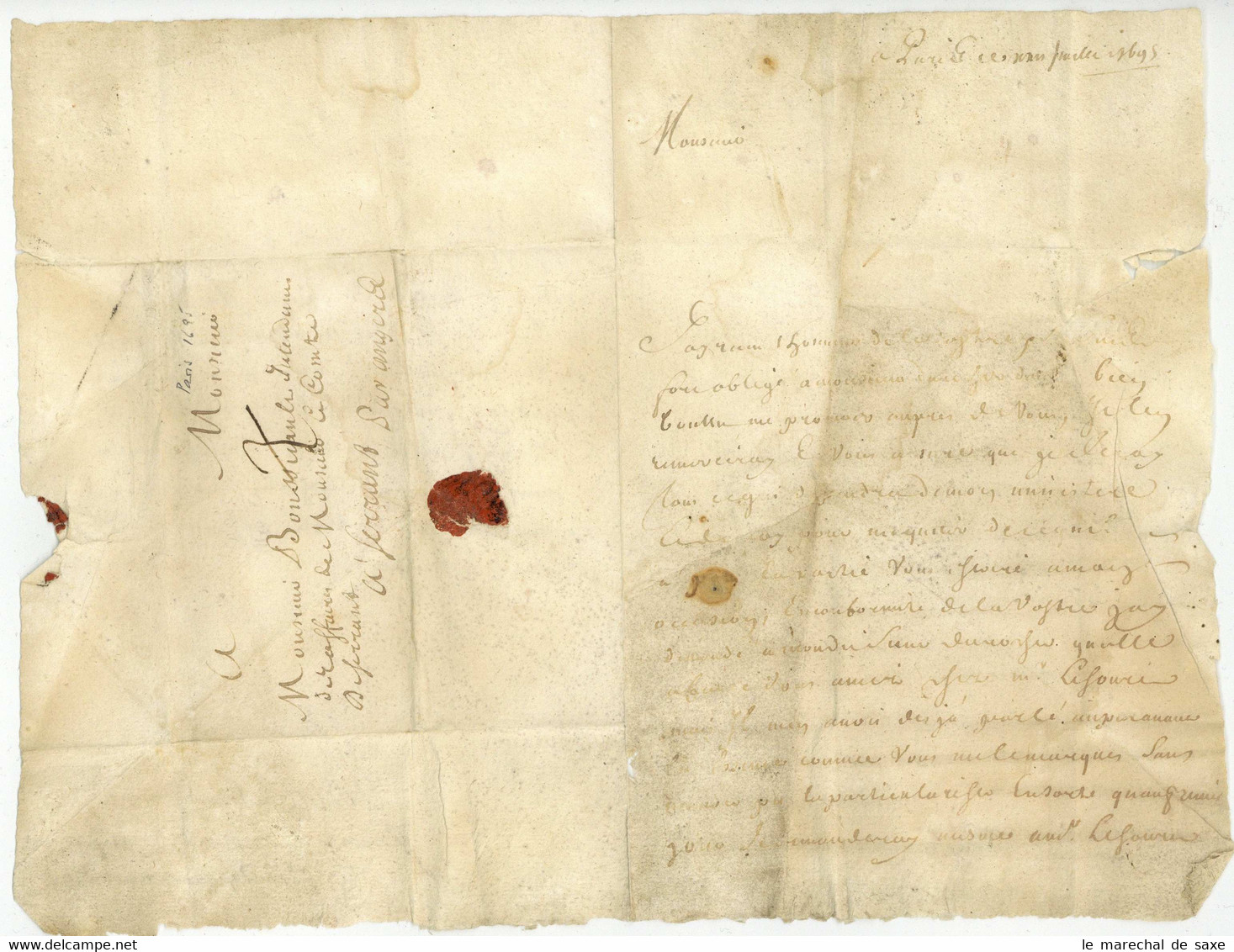 Lettre Taxee Paris 1695 Pour Le Chateau De Serrant Saint-Georges-sur-Loire Par Angers Boussicault - ....-1700: Voorlopers