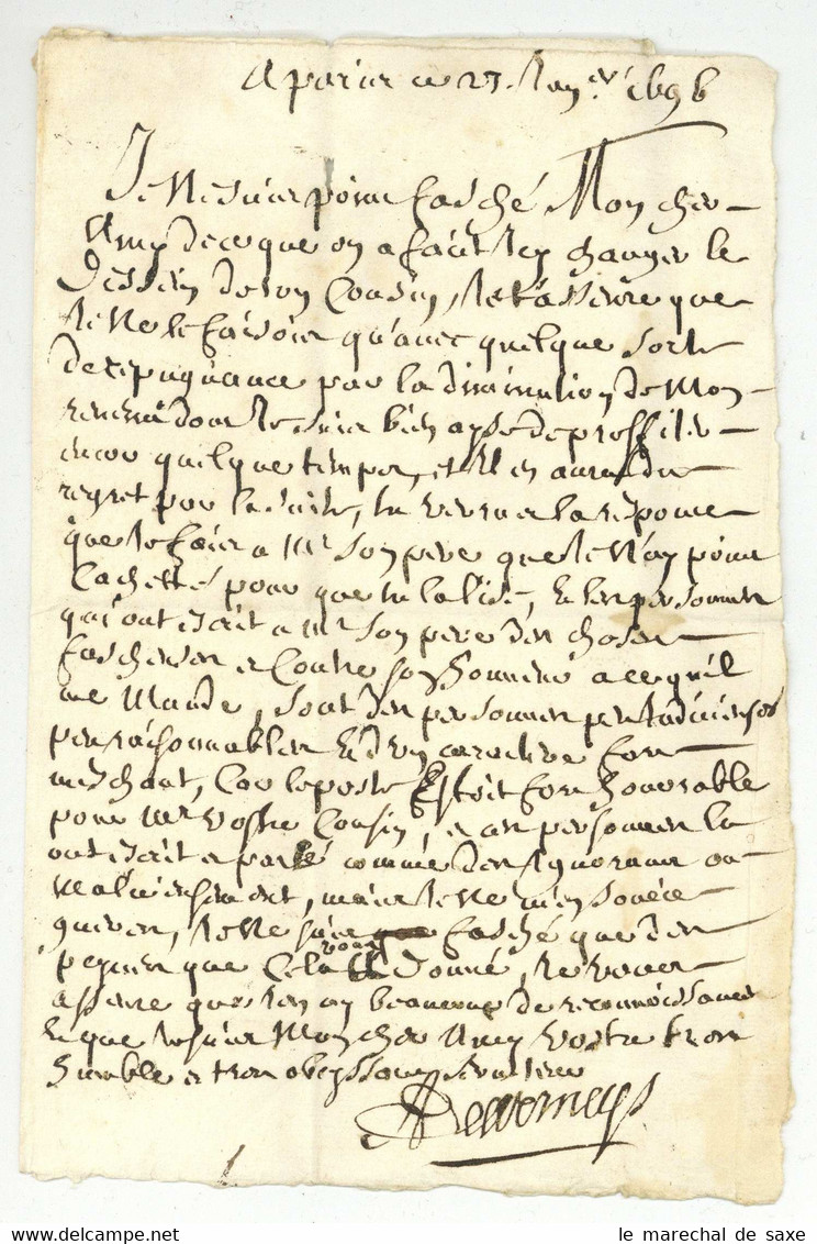 Lettre Taxee 6 Sols Paris 1696 Pour Lyon - ....-1700: Voorlopers