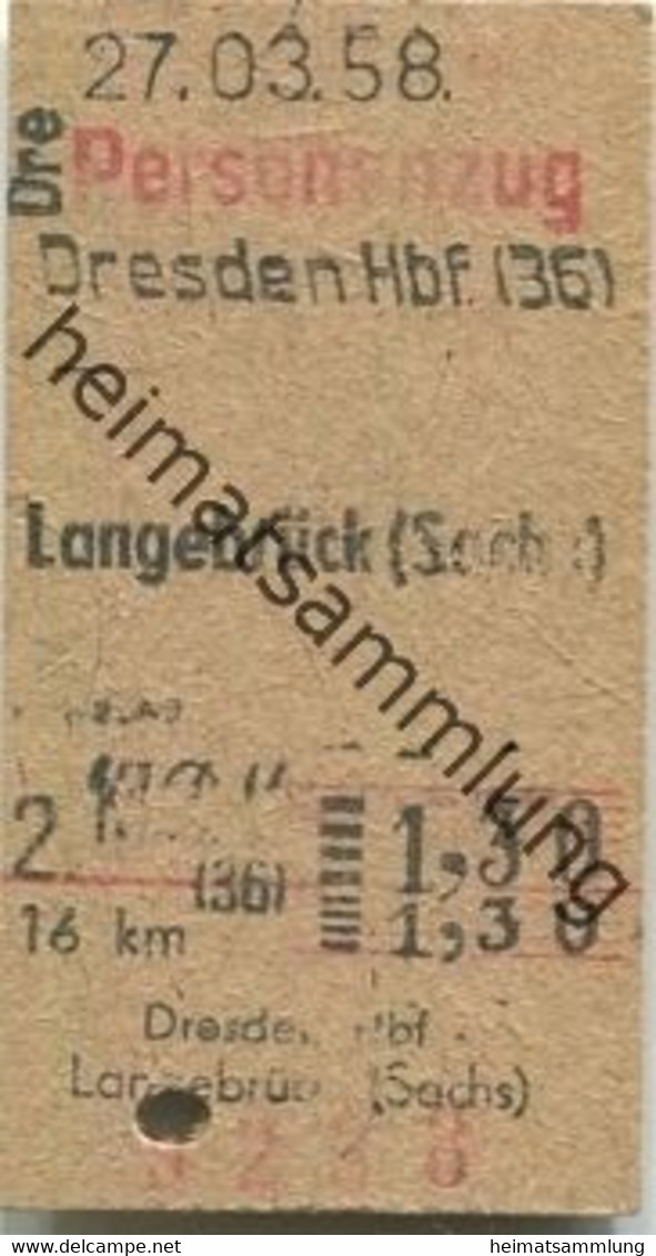 Deutschland - Personenzug Dresden Hbf Langebrück (Sachsen) - Fahrkarte 2. Klasse 1958 - Europe