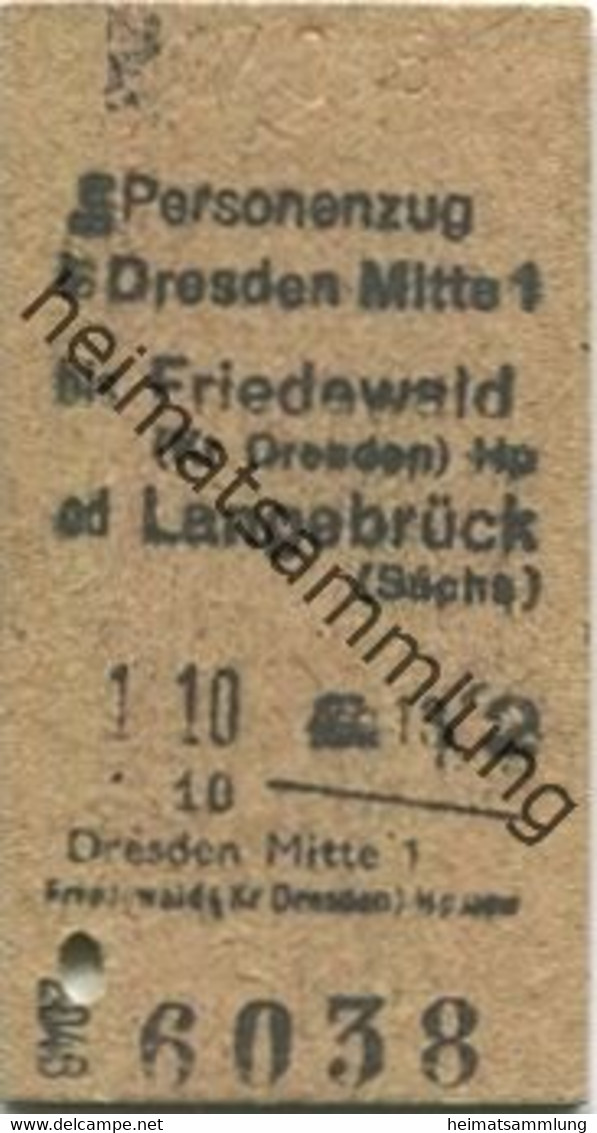 Deutschland - Dresden Mitte Bis Friedewald (Kr. Dresden) Oder Langebrück - Fahrkarte 1958 2. Klasse - Europe