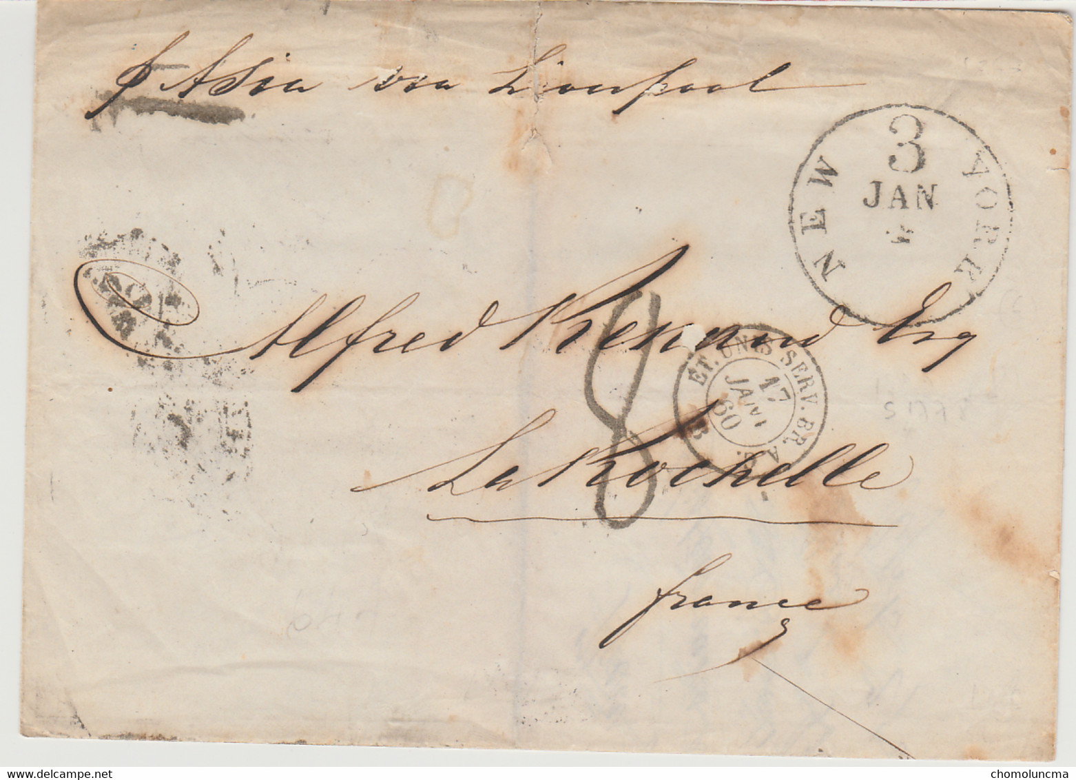 1860 NEW YORK La Rochelle Via Liverpool GB Postmaked ET. UNIS SERV.BR. A. C.  ET= United States & SERV. BR. = UK Service - …-1845 Prephilately