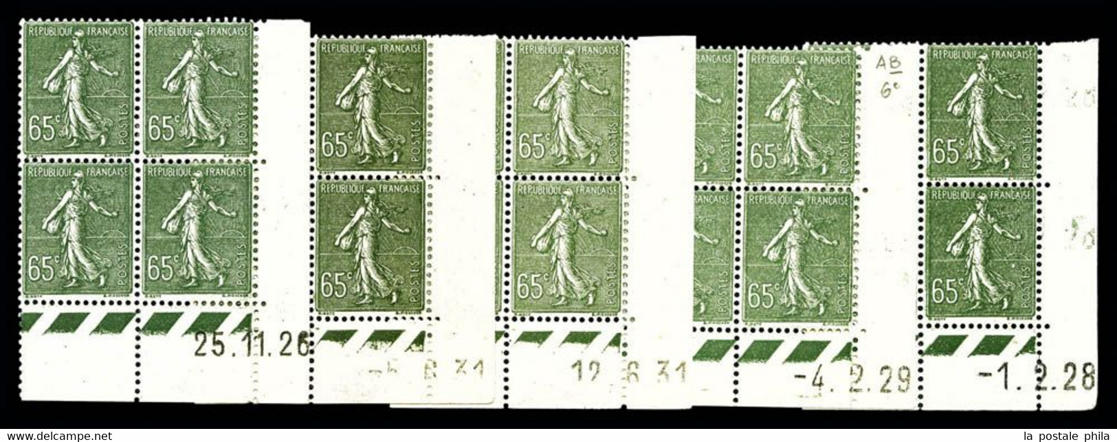 N°234 ** 65c Semeuse, Ensemble De 5 Coins Datés (1ex*) (26,28,29,31x2). TB COTE 450€ - ....-1929