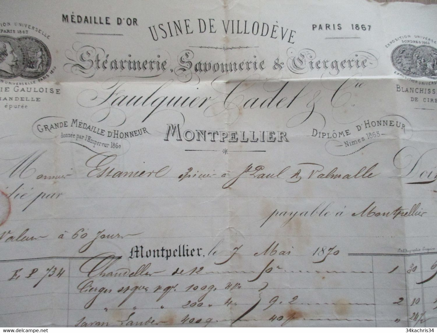 FACTURE 1870 Montpellier Usine De Villodève Savon Cierge Faulquier - 1800 – 1899