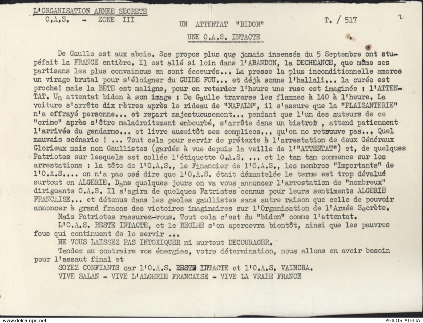 Guerre D'Algérie Tract OAS Organisation De L'armée Secrète Un Attentat Bidon OAS Intacte De Gaulle Aux Abois - Documentos Históricos