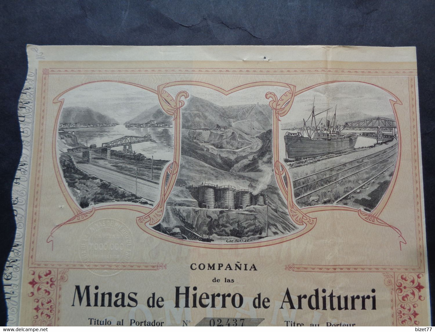 ESPAGNE - ARDITURRI 1905 - COPANIA DE LAS MINAS DE HIERRO DE ARDITURRI - ACTION DE 250 PESETAS OR - Other & Unclassified