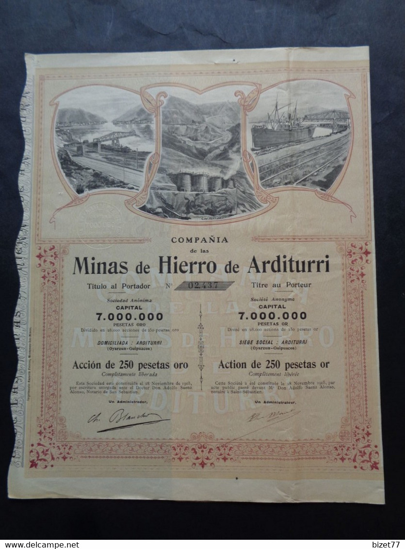 ESPAGNE - ARDITURRI 1905 - COPANIA DE LAS MINAS DE HIERRO DE ARDITURRI - ACTION DE 250 PESETAS OR - Other & Unclassified