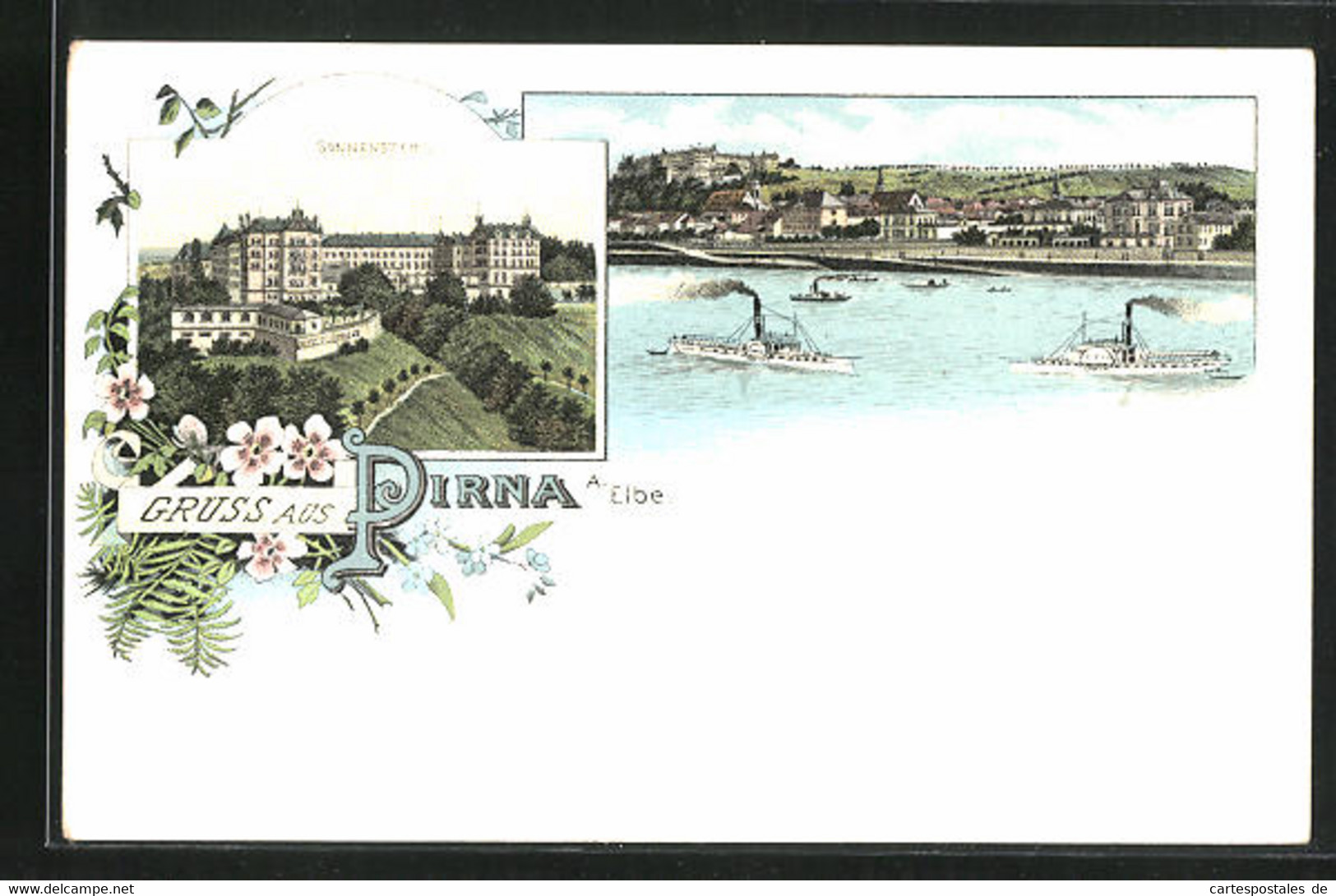 Lithographie Pirna A. Elbe, Teilansicht Mit Dampfern, Sonnenstein - Pirna