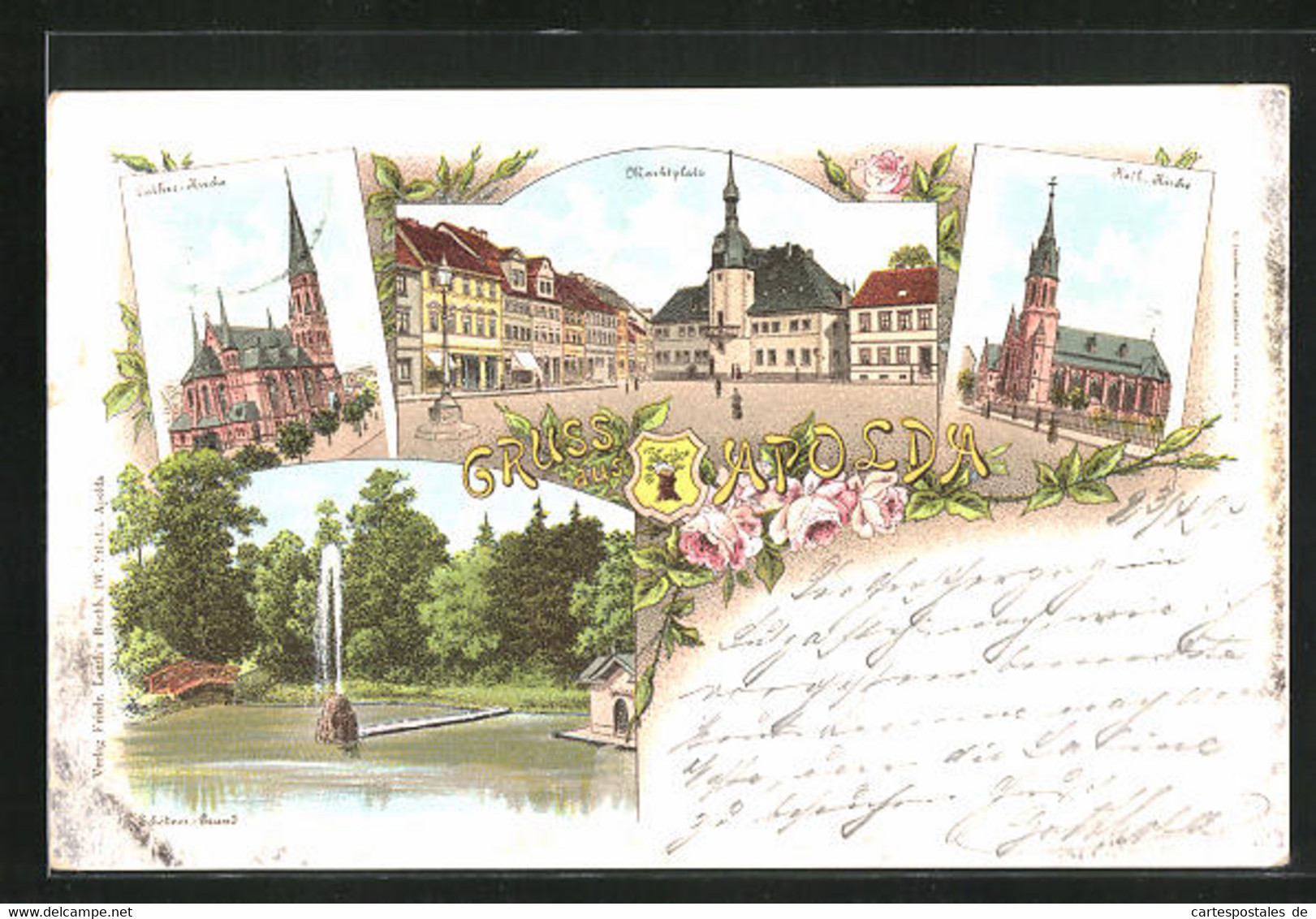 Lithographie Apolda, Lutherkirche, Katholische Kirche Und Springbrunnen Im Schötner Grund - Apolda