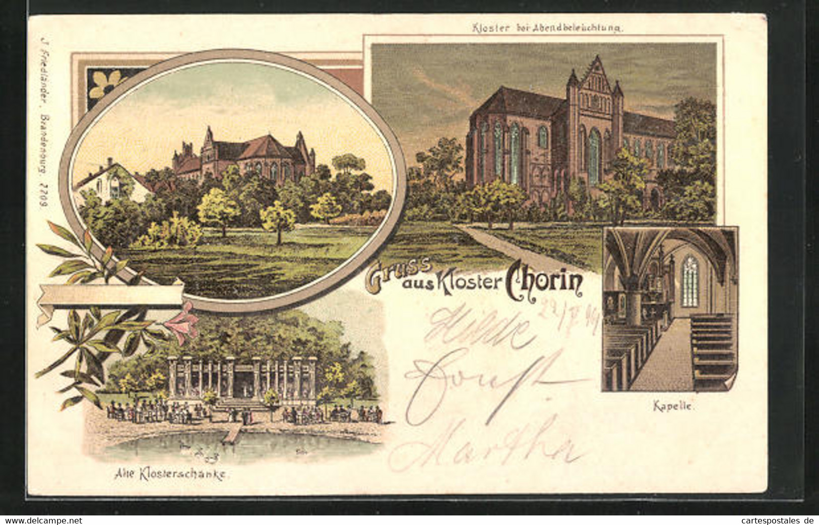 Lithographie Chorin, Gasthaus Alte Klosterschänke, Kloster Bei Abendbeleuchtung, Innenansicht Der Kapelle - Chorin