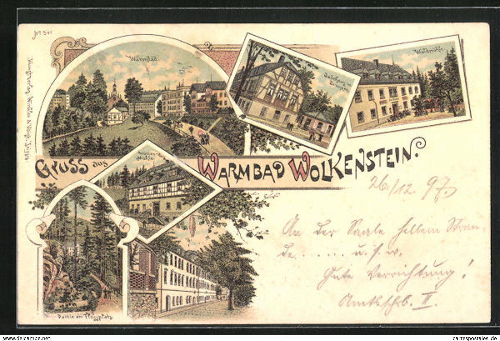 Lithographie Wolkenstein, Warmbad, Gasthaus Waldmühle - Wolkenstein