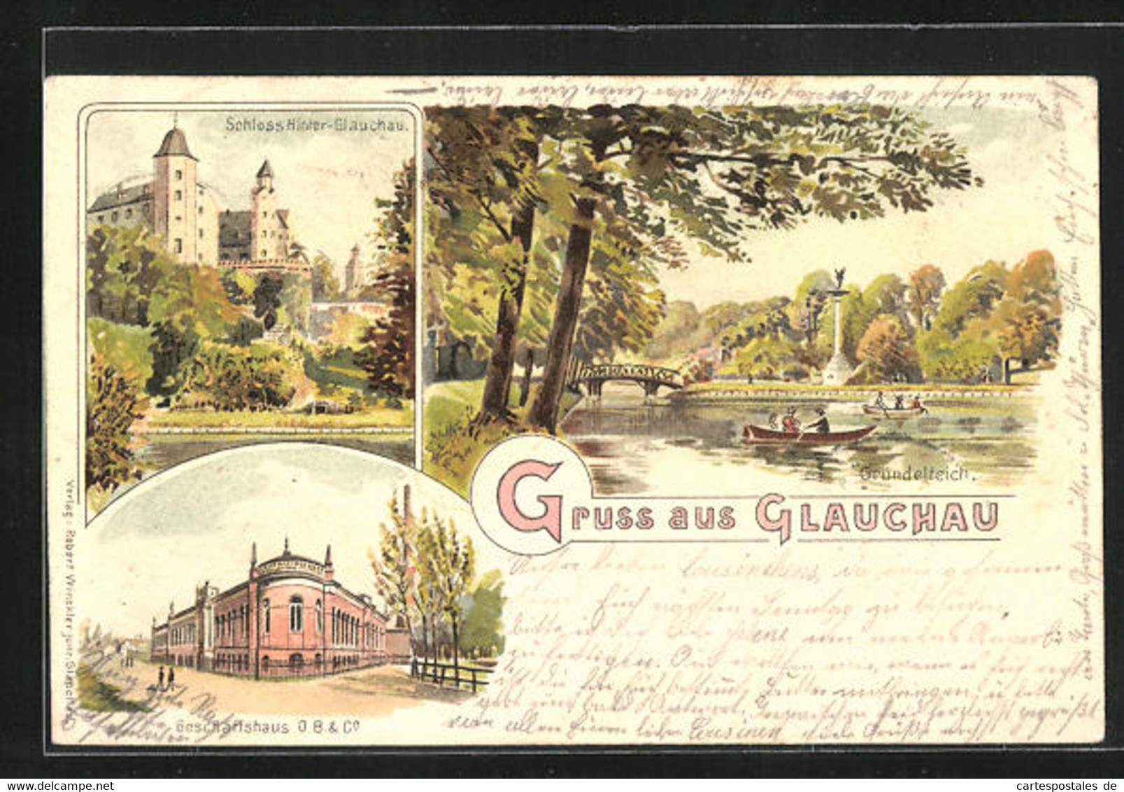 Lithographie Glauchau, Schloss Hinterglauchau, Gründelteich - Glauchau