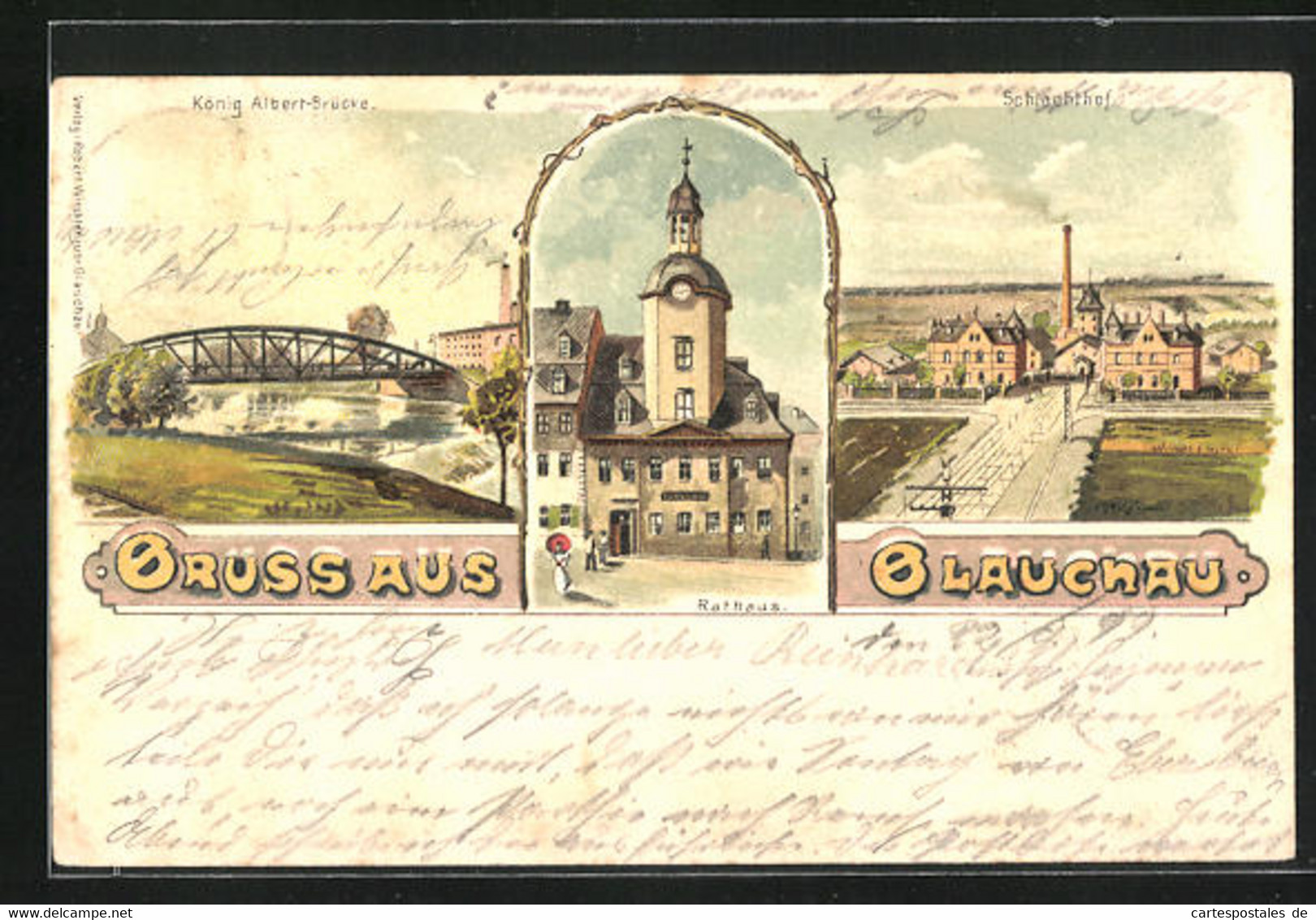 Lithographie Glauchau, Rathaus, König Albert-Brücke - Glauchau