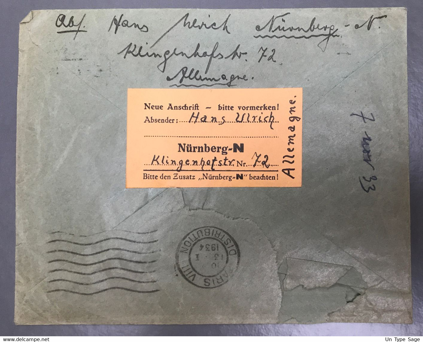 Allemagne Divers Sur Enveloppe Oblitération Mécanique De NURNBERG 12.1.1934 Pour Paris - (A1305) - Briefe U. Dokumente