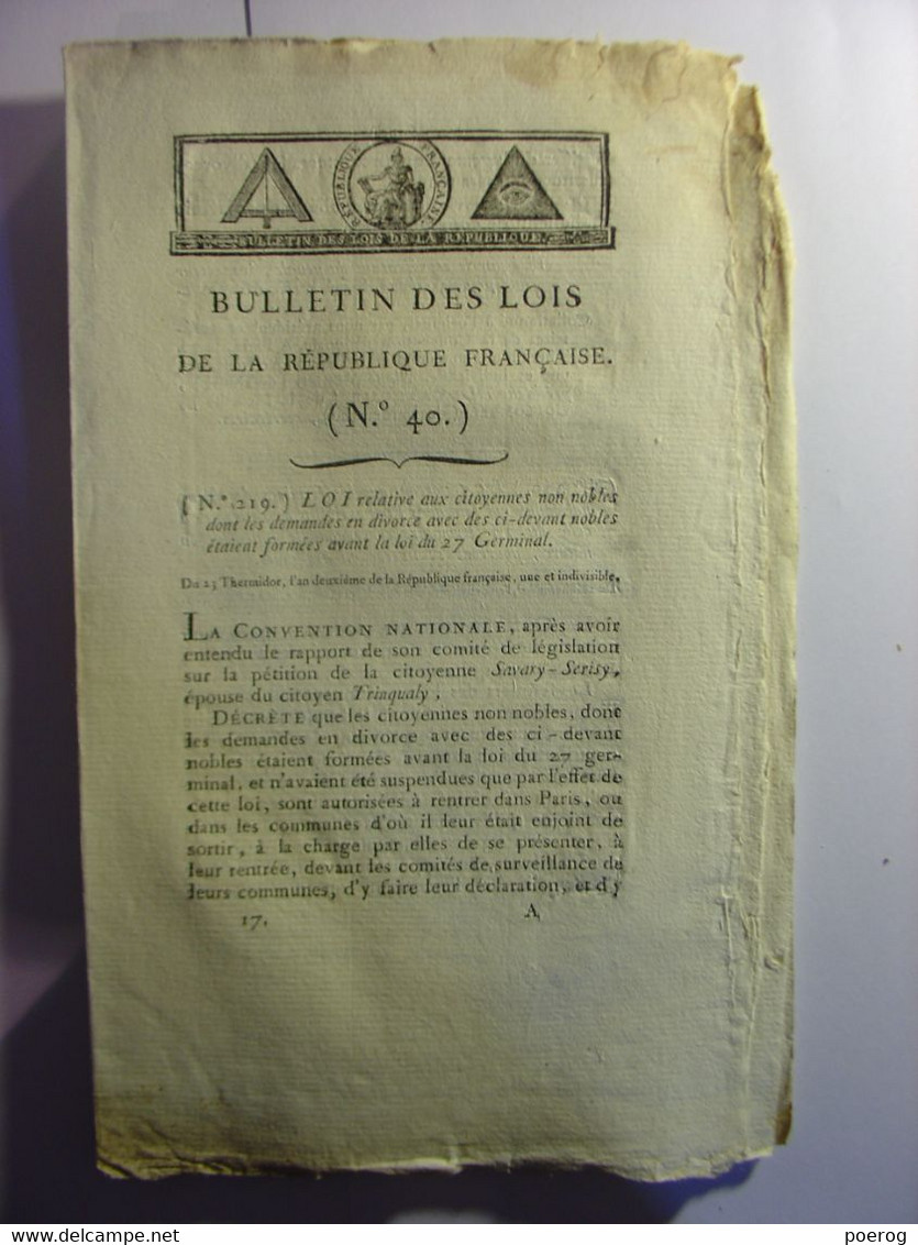 BULLETIN DES LOIS 1794 - SIEGE QUESNOY - DIVORCE - CITOYENNE - ARMEE DE L'OUEST BREST ORIENT DES PYRENEES OCCIDENTALES - Décrets & Lois
