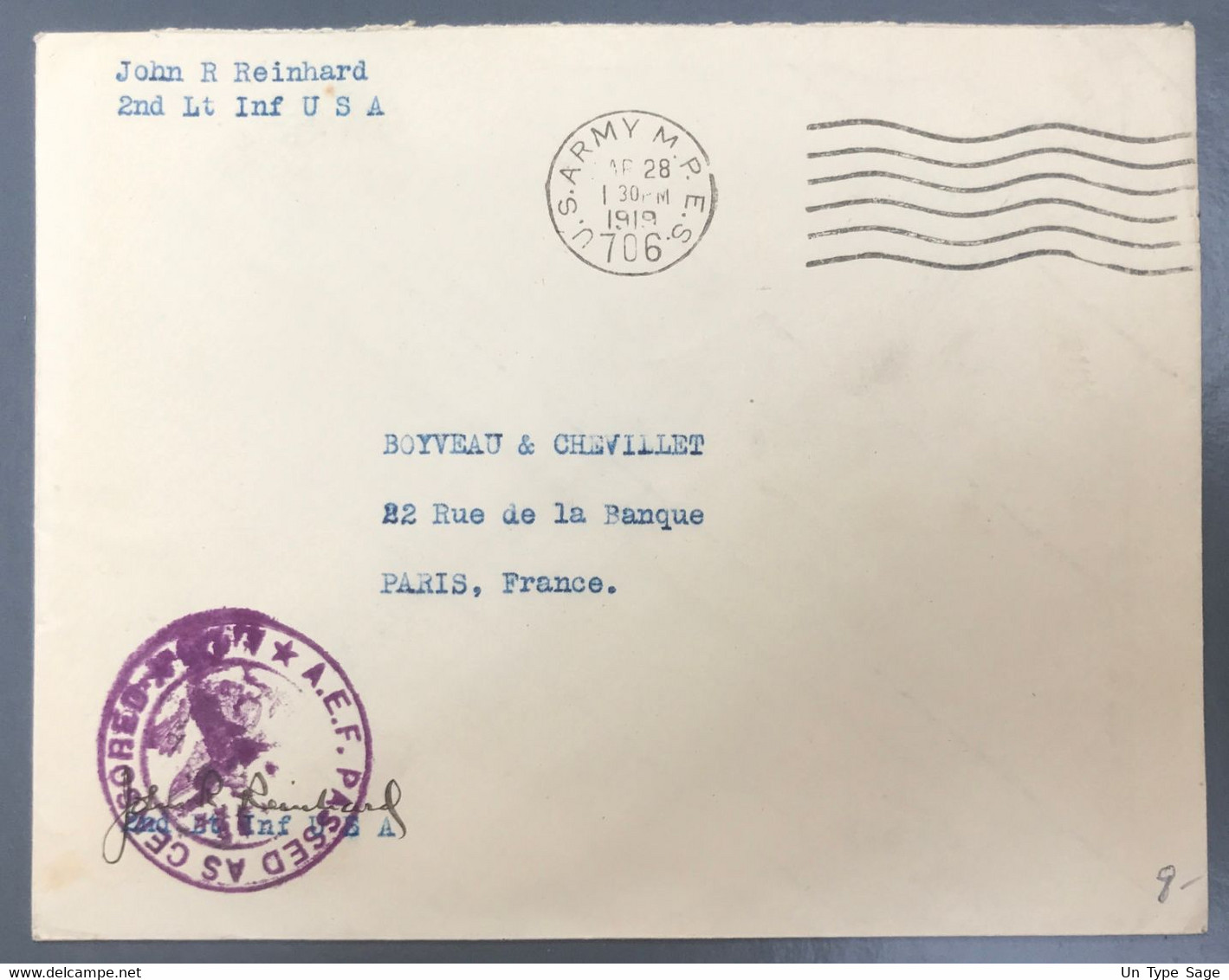 France WW1 - A.E.F Passed As Censor - USA - Cover Bend, U.S. ARMY M.P.E.S. 706 - (A1325) - 1. Weltkrieg 1914-1918