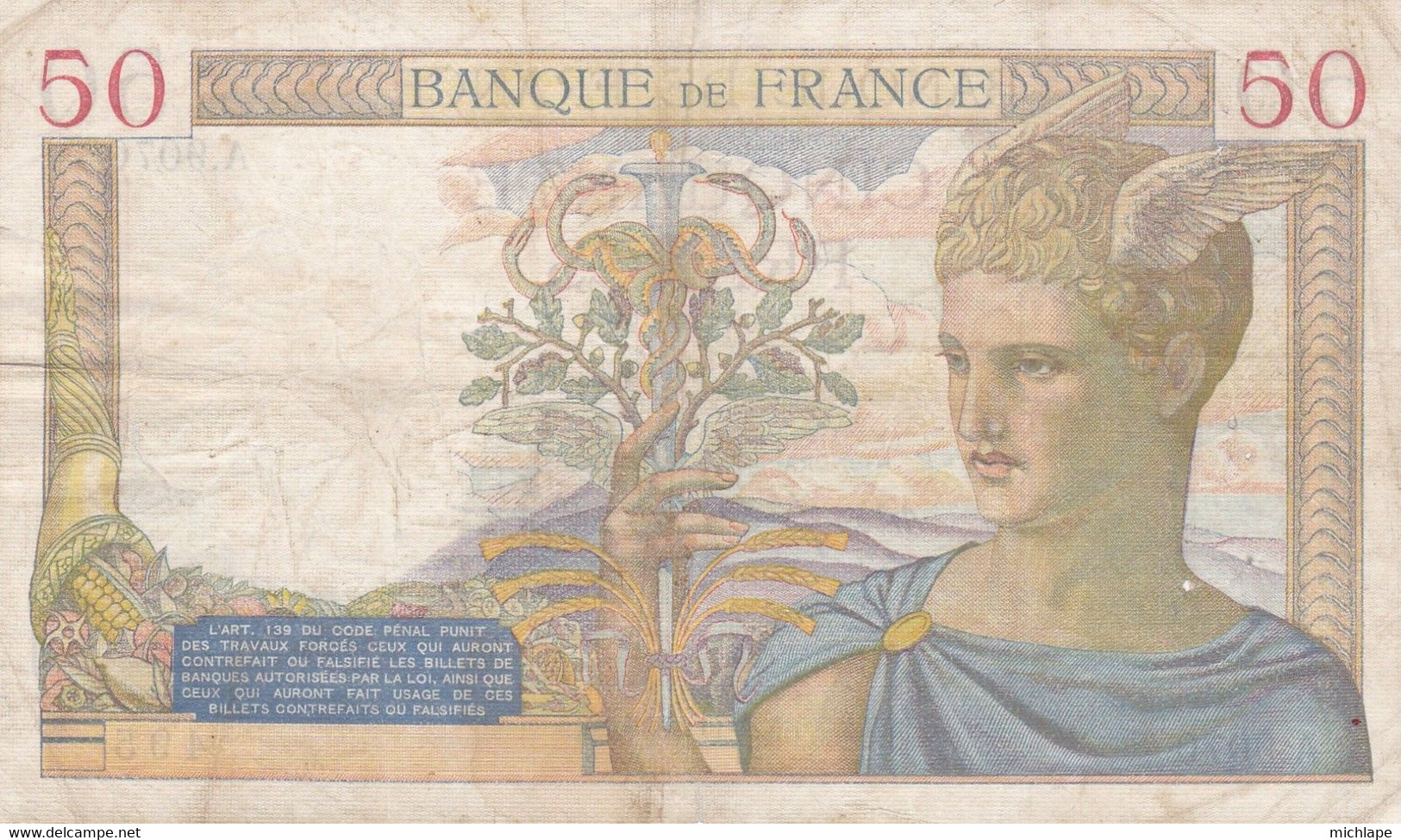 50 Francs  - Ceres  .  EX . 3 - 11 - 1938 . A .9070 - 495 - 50 F 1934-1940 ''Cérès''
