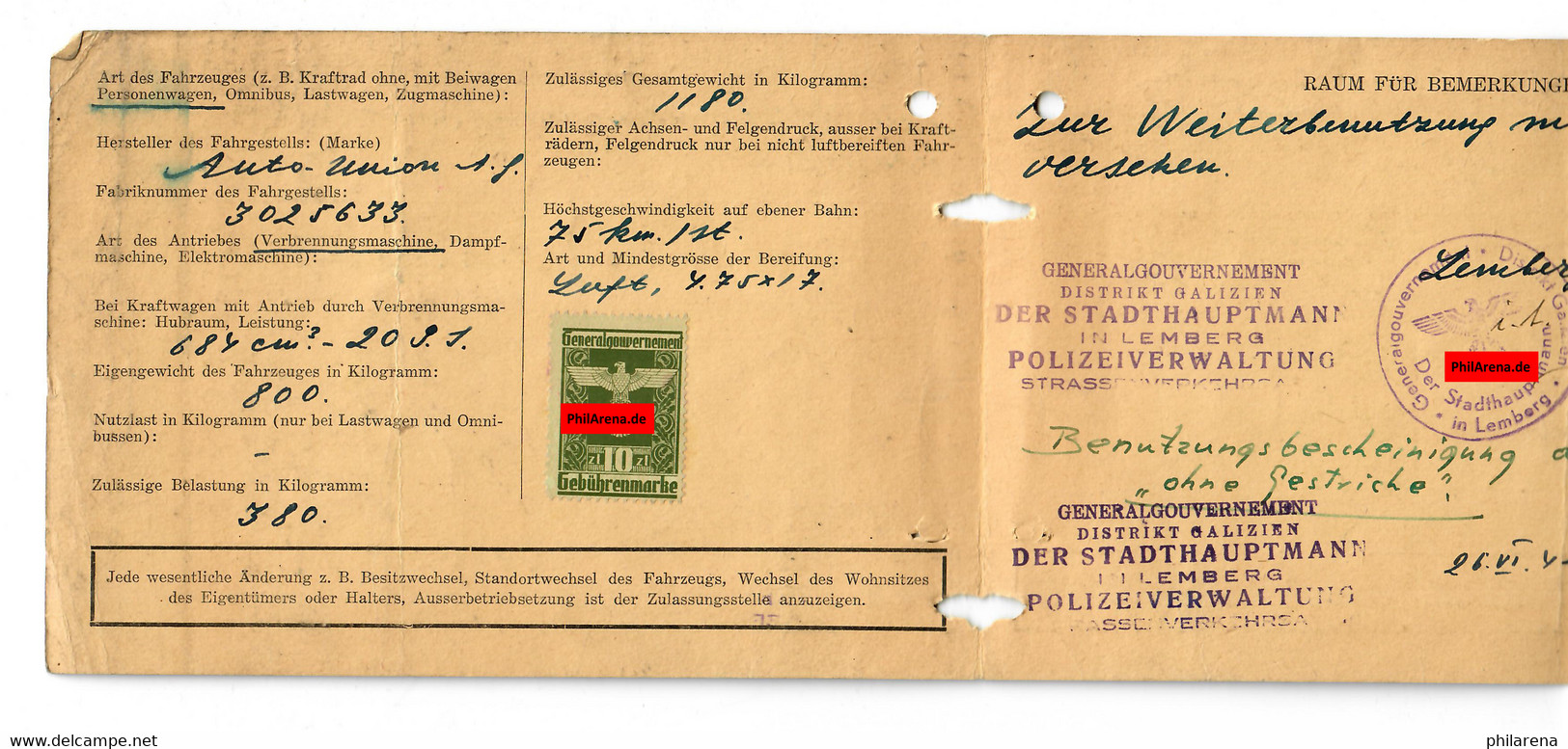 GG: Kraftfahrzeugschein Lemberg 1942, Gebührenmarken, Fahrschulauto - Occupation 1938-45