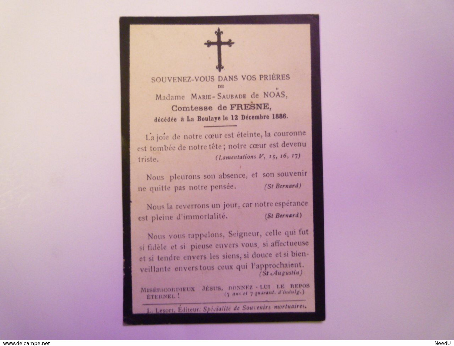 GP 2021 - 116  FAIRE-PART De Décès De La Comtesse De FRESNE Née De NOAS  (La Boulaye 12 Déc 1886)   XXXX - Todesanzeige