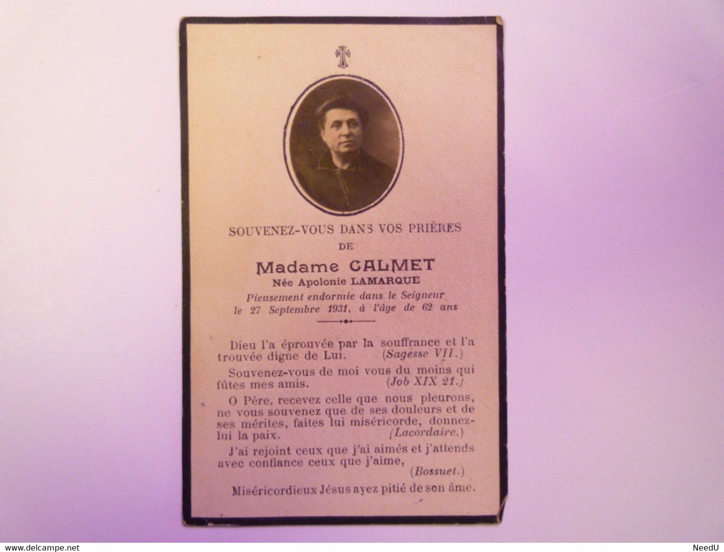 GP 2021 - 119  FAIRE-PART De Décès De Mme CALMET Née Apoline LAMARQUE  (27 Spt 1931 à L'âge De 62 Ans)   XXXX - Todesanzeige