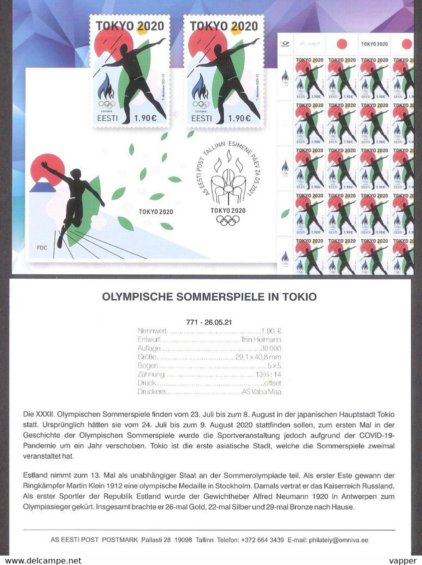 Summer Olympic Tokyo 2021 Estonia Stamp Presentation Card (germ) Mi 1015 - Sommer 2020: Tokio