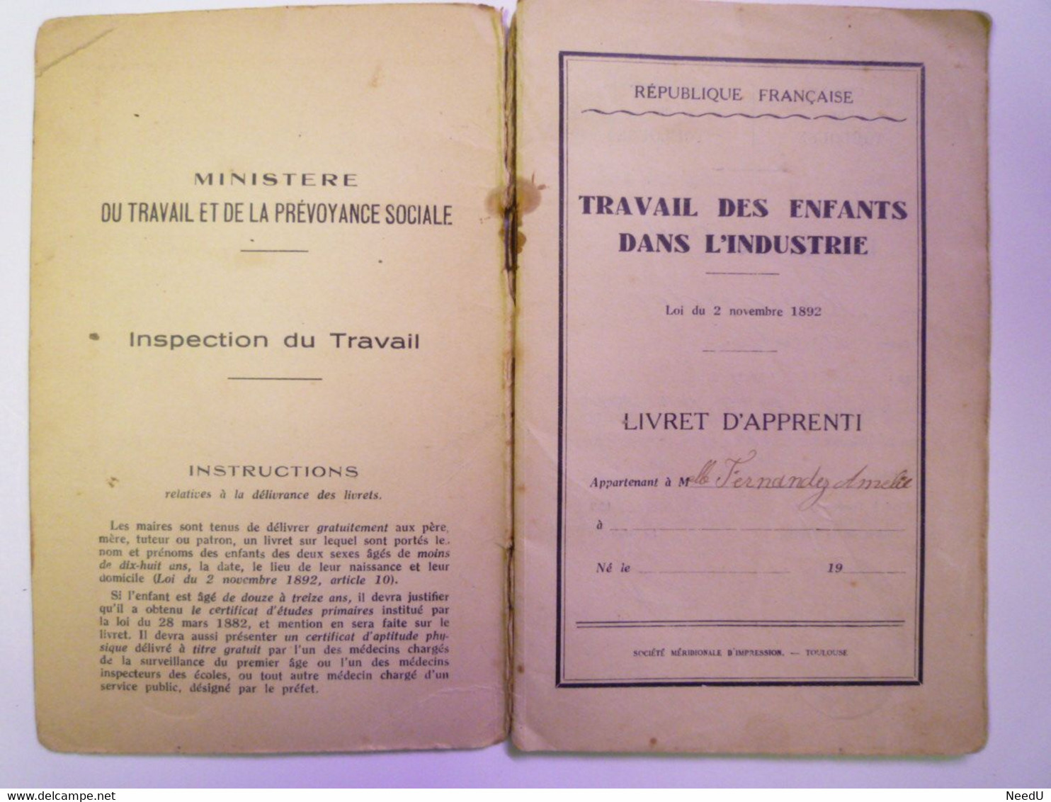 GP 2021 - 123  LIVRET D'APPRENTI  :  Toulouse 1935  ( Amélie FERNANDEZ Née à Farges Cher Le 10 Juillet 1917)   XXXX - Zonder Classificatie