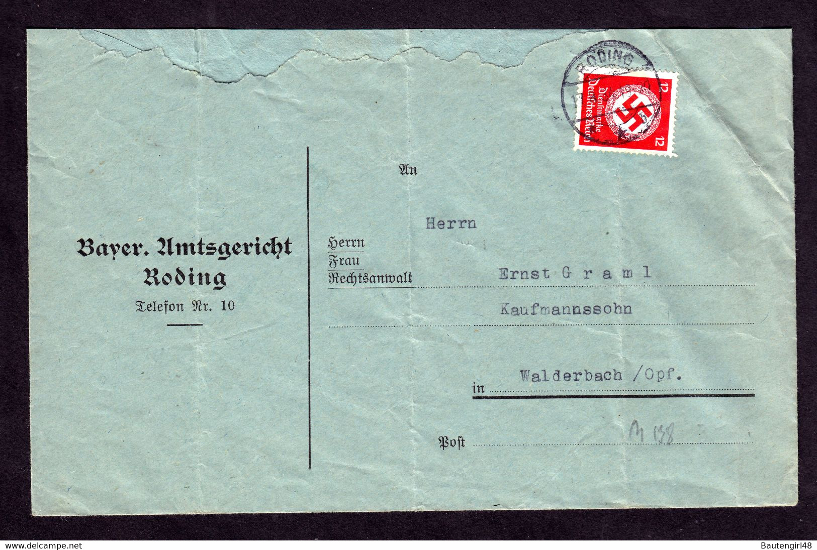 DR Dienst Brief RODING - Walderbach - 17.8.34 - Mi.D138 - Servizio