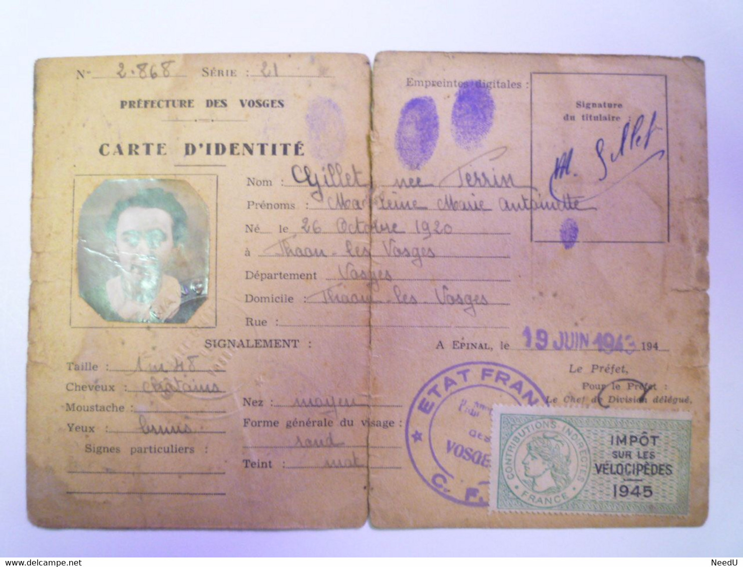 GP 2021 - 129  Carte D'identité De Français  -  Préfecture Des VOSGES  1943 Avec Timbre Fiscal Vélocipède   XXXX - Zonder Classificatie