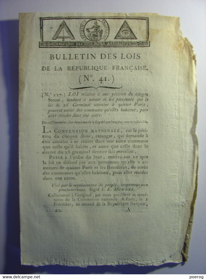 BULLETIN DES LOIS De 1794 - ASSEMBLEE DES SECTIONS - PETITION DE STONE POUR LES PERSONNES OBLIGEES DE QUITTER PARIS - Wetten & Decreten