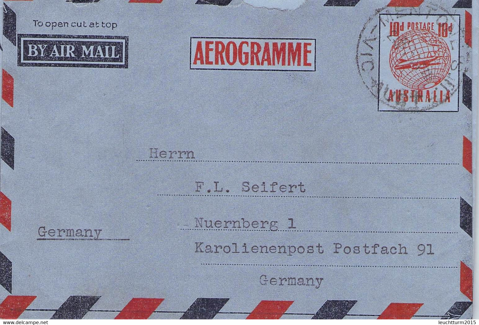 AUSTRALIA - AEROGRAMME 1957 MENTONE > NÜRNBERG/DE /QF241 - Luchtpostbladen