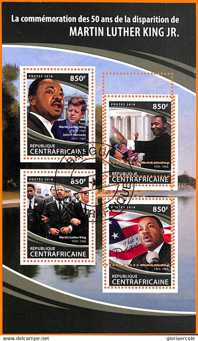 A5752 - CENTRAL AFRICAN REP - ERROR, 2018, POSTMARKED, МISPERF MINIATURE SHEET: Martin Luther King, Kennedy - Martin Luther King