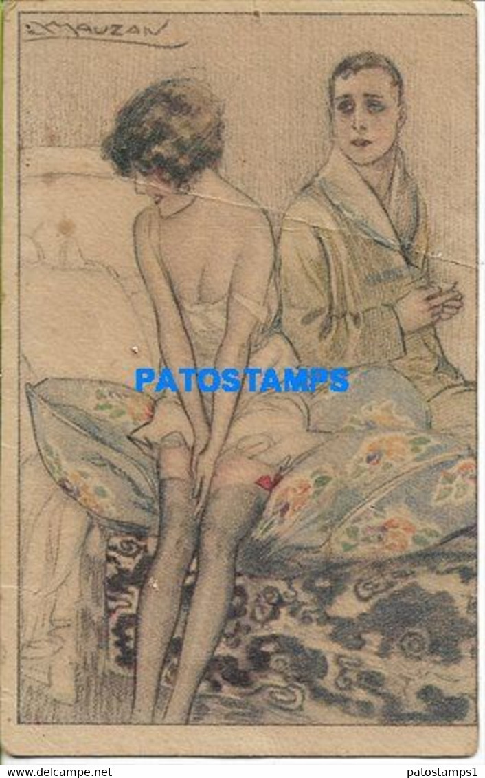 161688 ART ARTE SIGNED MAUZAN COUPLE LOVE SENSUAL IN BED BREAK POSTAL POSTCARD - Other & Unclassified
