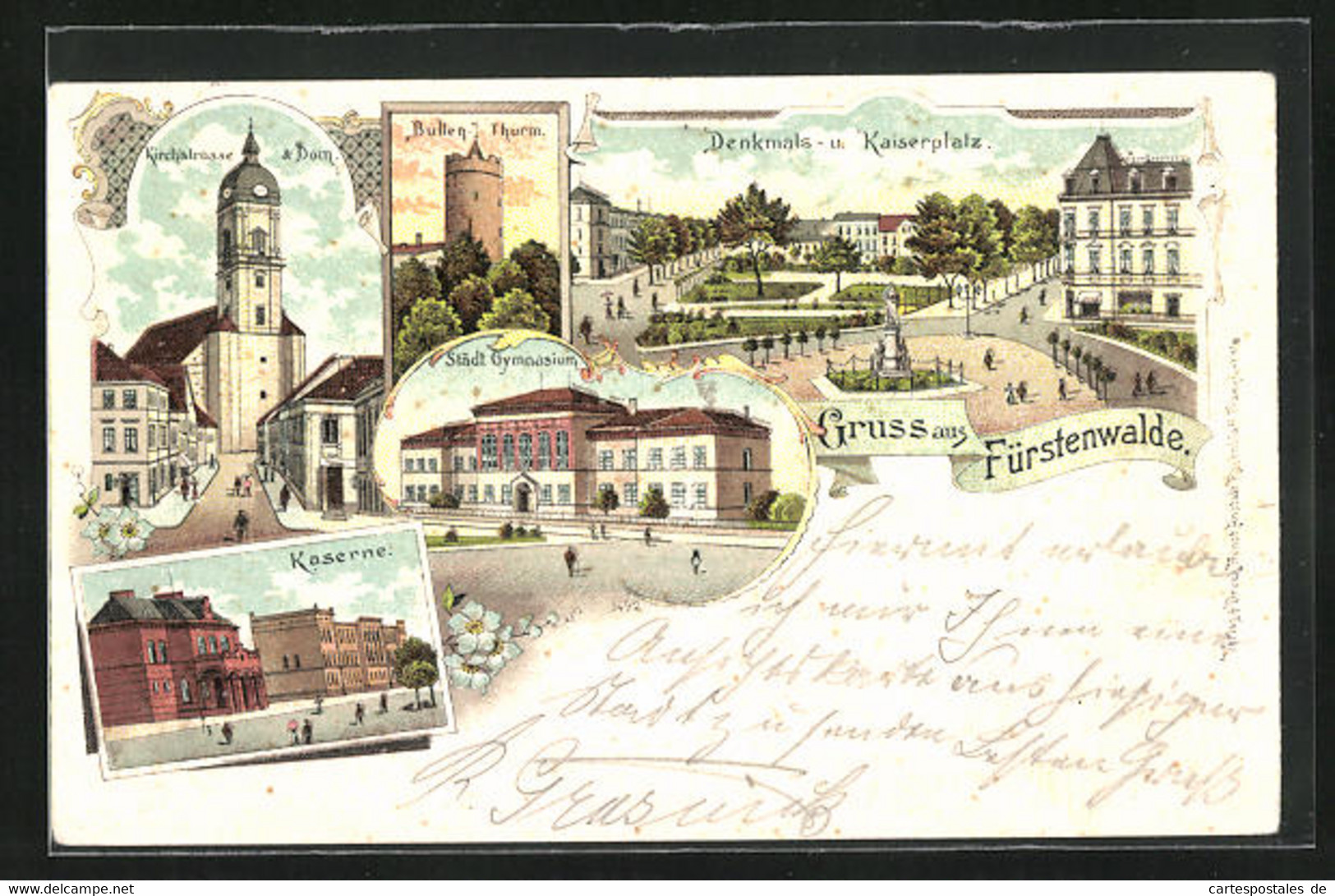 Lithographie Fürstenwalde, Kaserne, Kirchstrasse Mit Dom, Kaiserplatz Mit Denkmal - Fürstenwalde