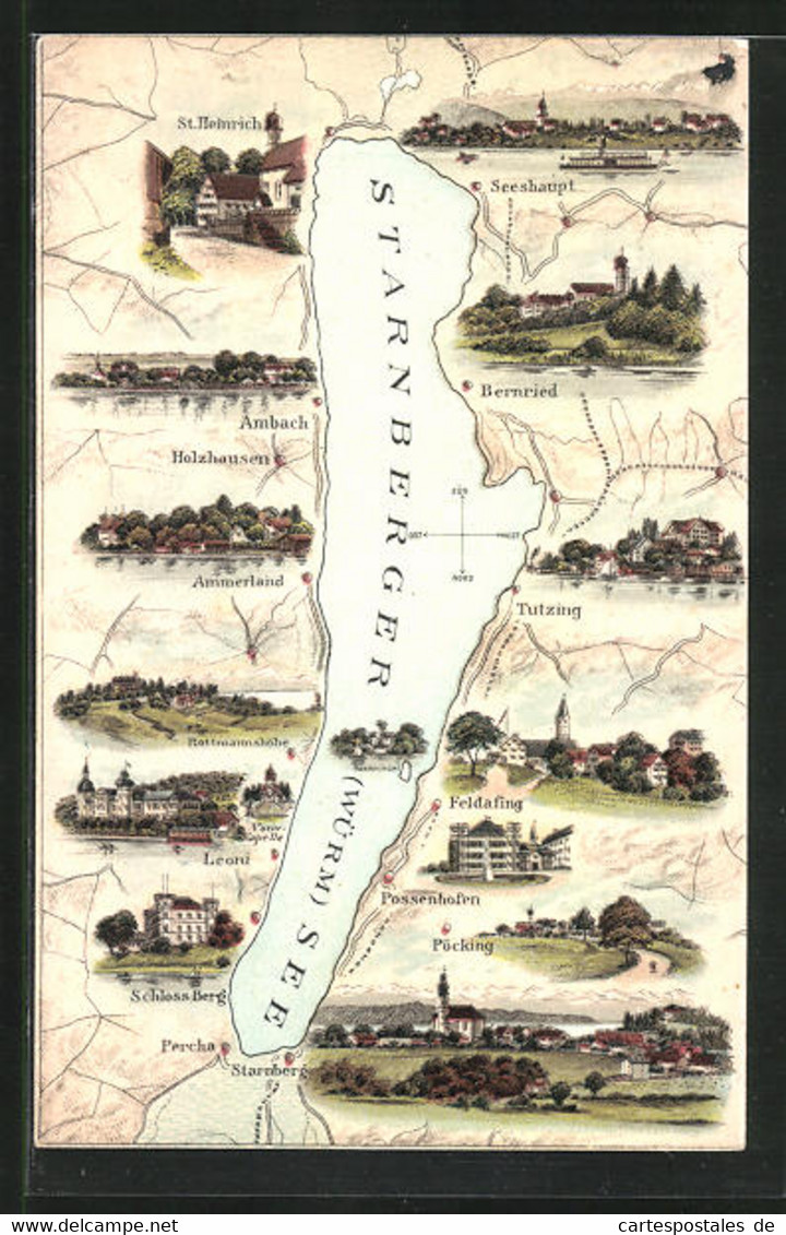 Lithographie Tutzing /Starnberger See, Kartenansicht Vom See Und Den Städten Der Umgebung - Tutzing